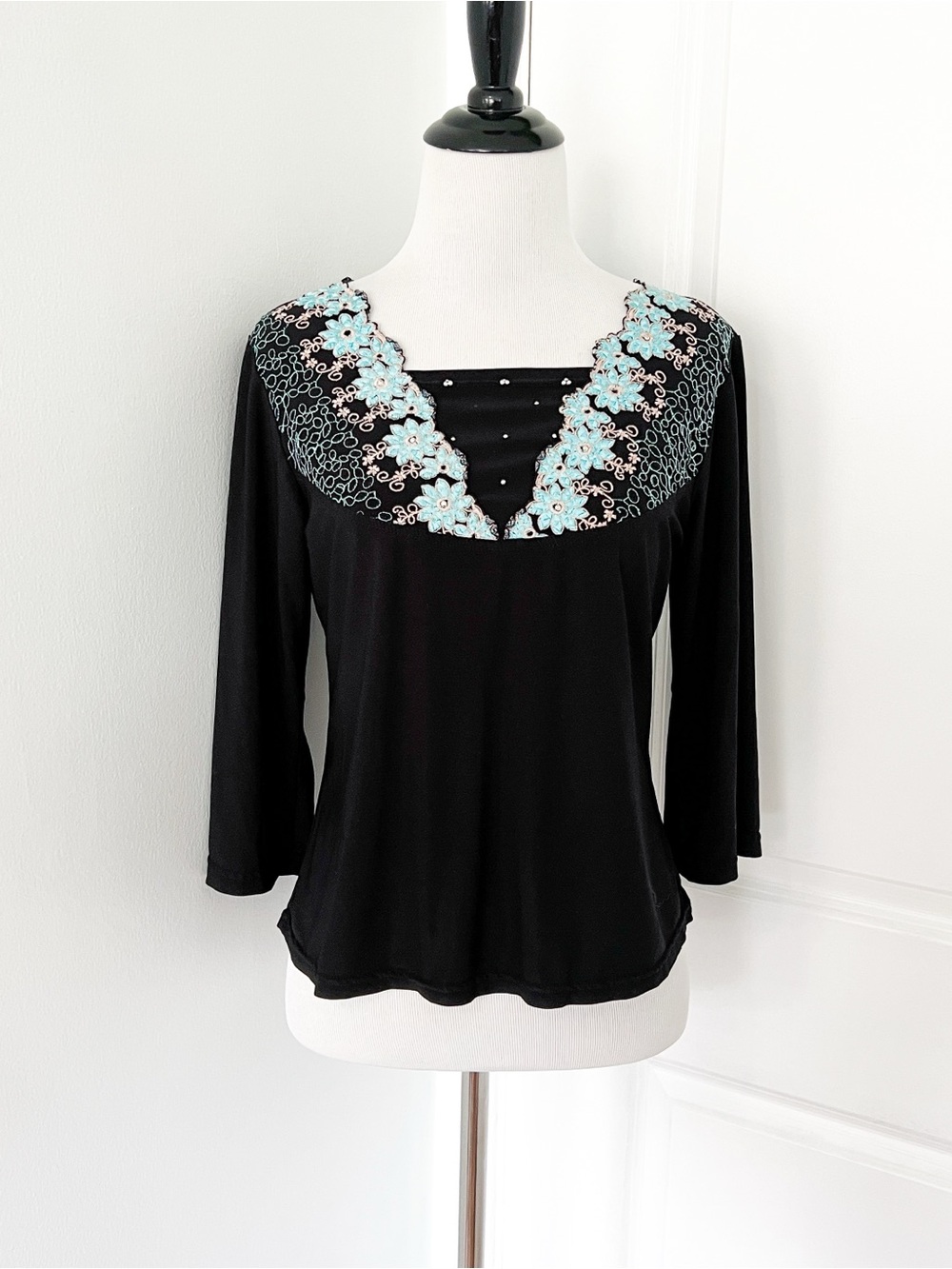 Vintage France Black Long Sleeve Top with Aqua Floral Embroidery